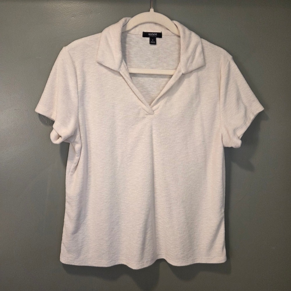Alfani‎ Women's Terry Cloth V-Neck Polo Shirt Size M Ivory Preppy Beach